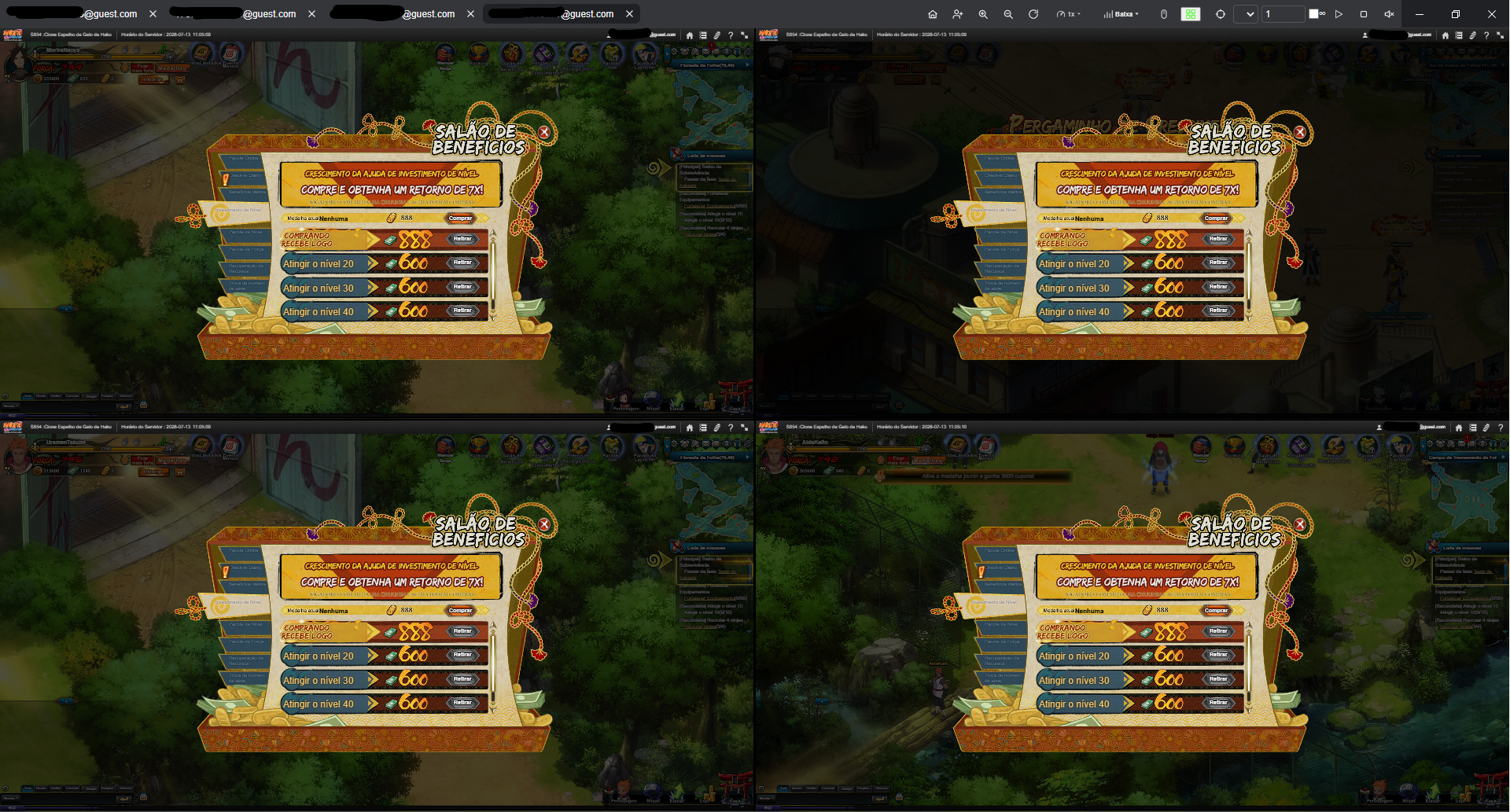 Konoha Launcher com várias contas de Naruto Online abertas em modo grade